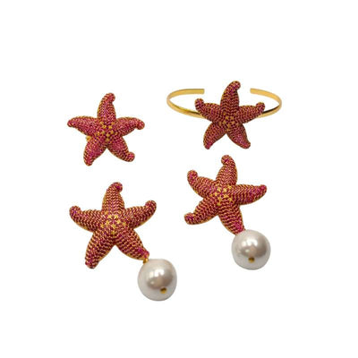Handcrafted Amalfi 3-piece starfish accessory set featuring gold-plated earrings, matching ring, and bangle paved with brick-colored zirconias - Modena Collection by iottigleam