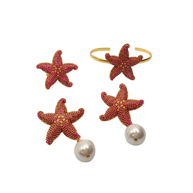 Handcrafted Amalfi 3-piece starfish accessory set featuring gold-plated earrings, matching ring, and bangle paved with brick-colored zirconias - Modena Collection by iottigleam