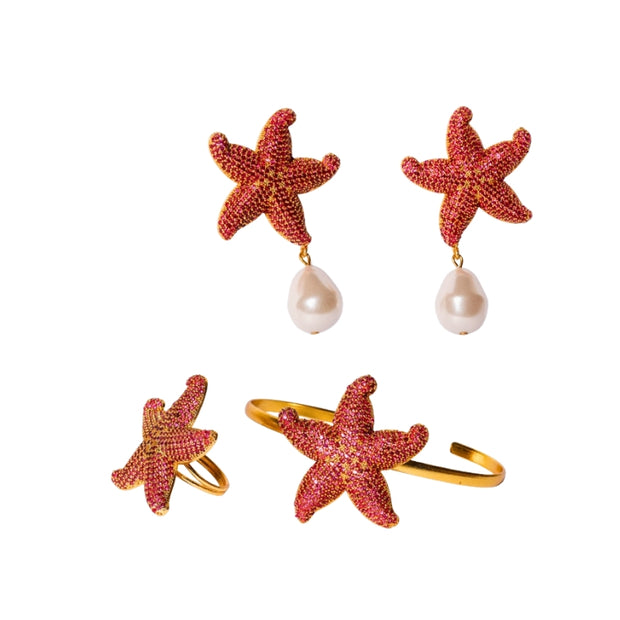 Handcrafted Amalfi 3-piece starfish accessory set featuring gold-plated ring, bangle, and earrings paved with brick zirconias - Modena Collection by iottigleam