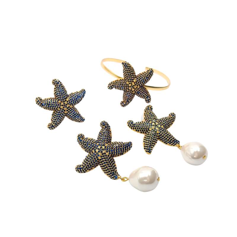 Handcrafted Amalfi 3-piece starfish accessory set featuring gold-plated ring, bangle, and earrings paved with navy blue zirconias - Modena Collection by iottigleam