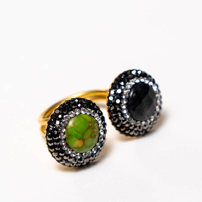 Handcrafted Asya II two-stone ring featuring unique natural stones with organic textures on an open gold-plated band - Anima Collection by Iottigleam