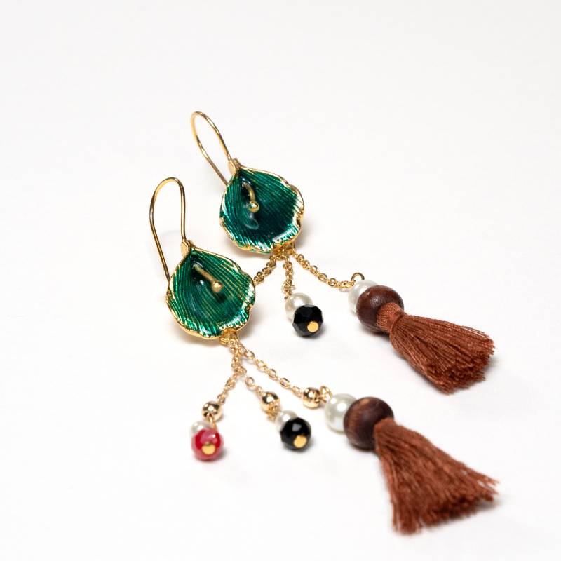Handcrafted Caliona Flower Calla Lily earrings featuring dangling strands with colorful beads and a bohemian tassel finish - Anima Collection by iottigleam