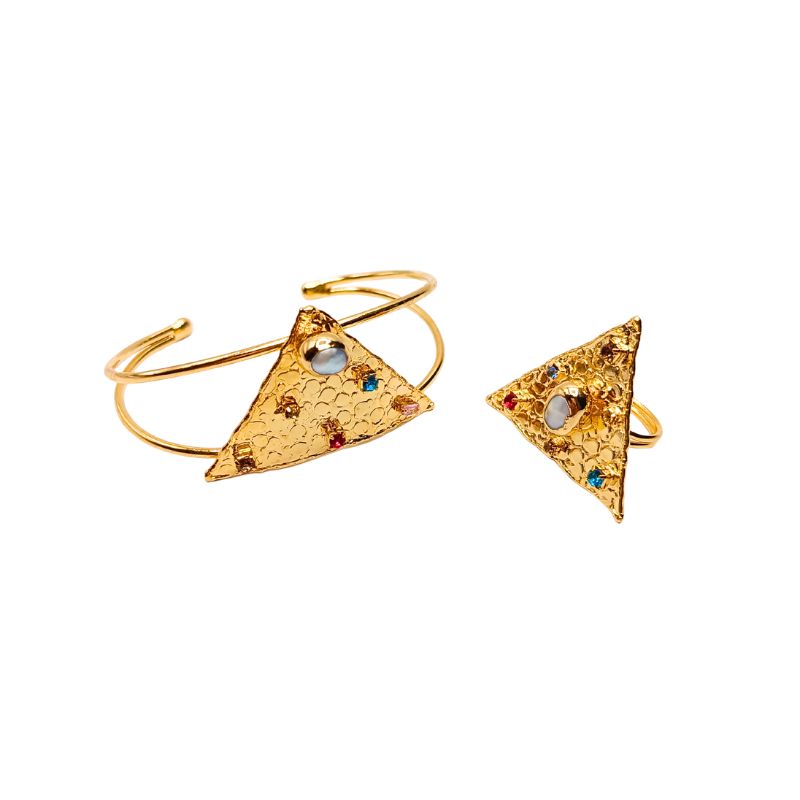Ferrara gold plated jewelry set featuring colored crystal and small pearl bangle and ring found at iottigleam