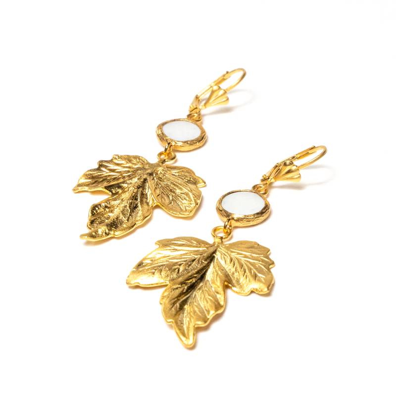 Handcrafted Freyja gold-plated leaf earrings featuring a centered, engraved natural sea shell stone - Anima Collection by iottigleam
