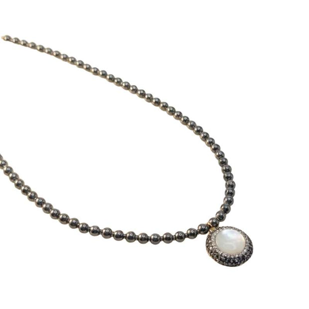 Handcrafted Hematite bead choker featuring a white iridescent Mother of Pearl pendant centerpiece - Anima Collection by Iottigleam