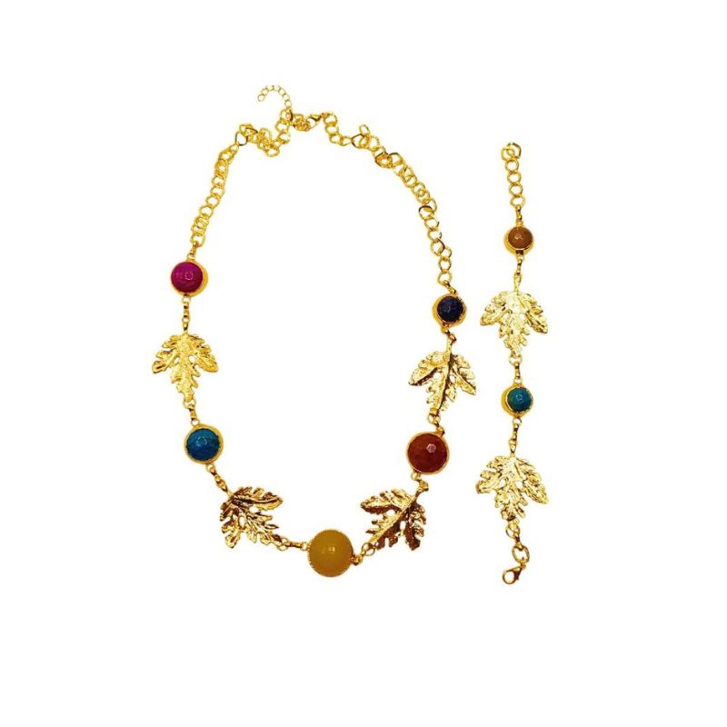 Mantova gold plated leaf design jewelry set featuring colored jade stone necklace and bracelet found at iottigleam
