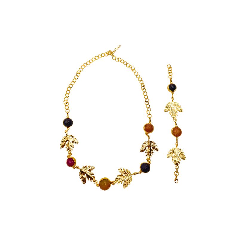Mantova gold plated leaf design jewelry set featuring colored jade stone necklace and bracelet found at iottigleam