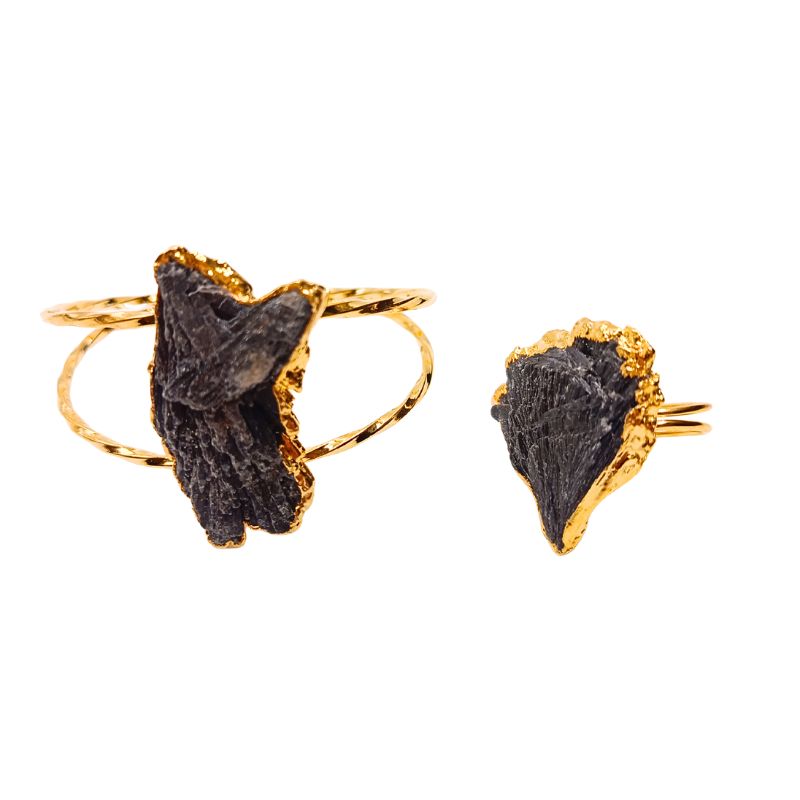 Matera gold plated jewelry set featuring natural black kyanite stone bangle and ring found at iottigleam