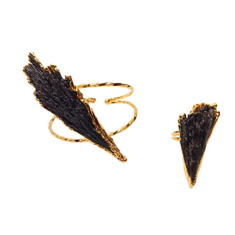 Matera gold plated jewelry set featuring natural black kyanite stone bangle and ring found at iottigleam