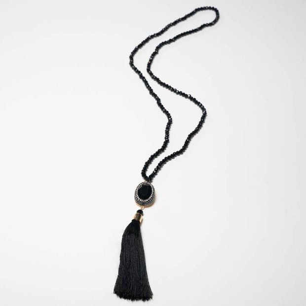 Handcrafted Nox necklace featuring a brilliant black zirconia center stone set among delicate black beads - Anima Collection by Iottigleam