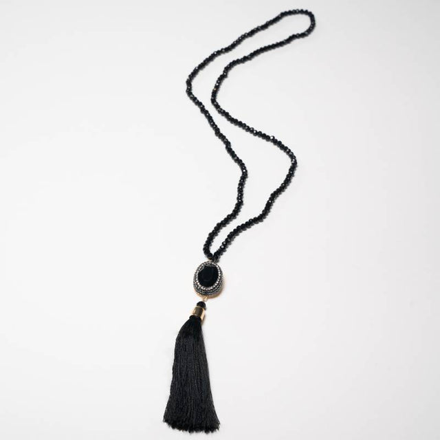 Handcrafted Nox necklace featuring a brilliant black zirconia center stone set among delicate black beads - Anima Collection by Iottigleam