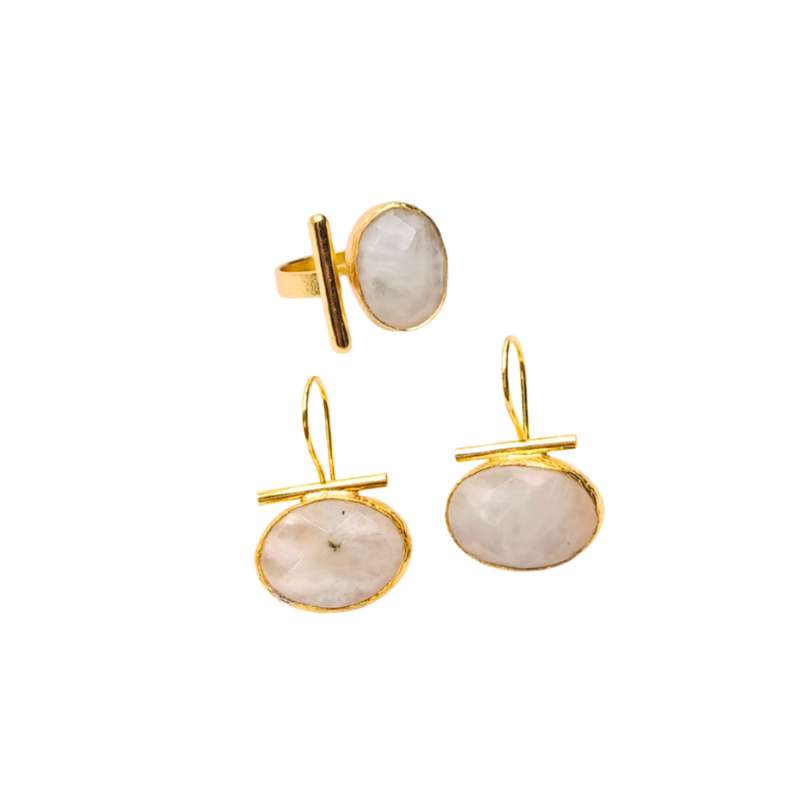 Handcrafted Ravello 2-piece accessory set featuring unique moonstone earrings and a matching gold-plated ring for a chic, elegant look - Modena Collection by iottigleam