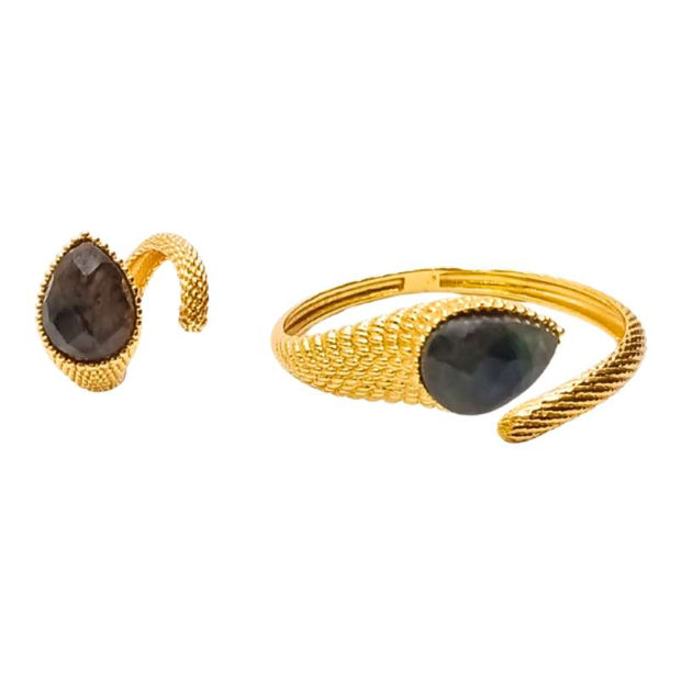 Handcrafted Ravenna accessory set featuring a gold-plated bangle and matching ring with iridescent blue-green labradorite stones - Modena Collection by iottigleam