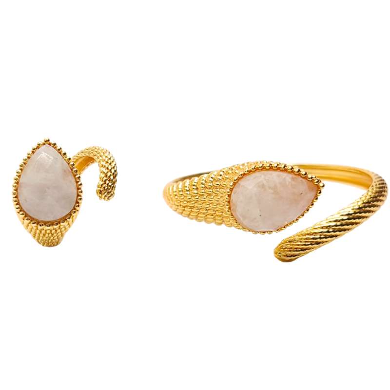 Handcrafted Ravena accessory set featuring a gold-plated bangle and matching ring with glowing iridescent white moonstones - Modena Collection by iottigleam