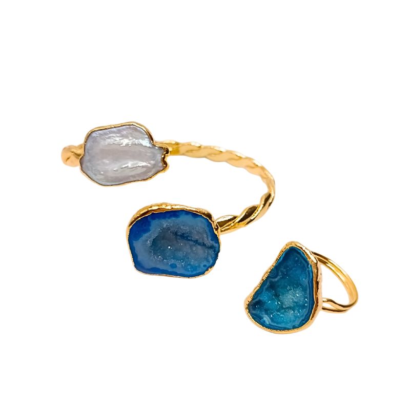 Taormina gold plated jewelry set featuring natural baroque pearl and blue druzy stone bangle and ring found at iottigleam