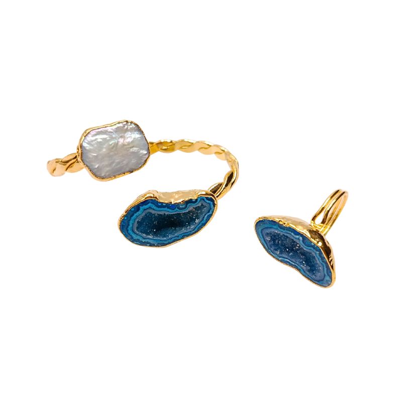 Taormina gold plated jewelry set featuring natural baroque pearl and blue druzy stone bangle and ring found at iottigleam