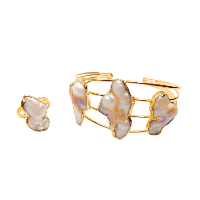 Venezia gold plated jewelry set featuring natural baroque pearl bangle and ring found at iottigleam.