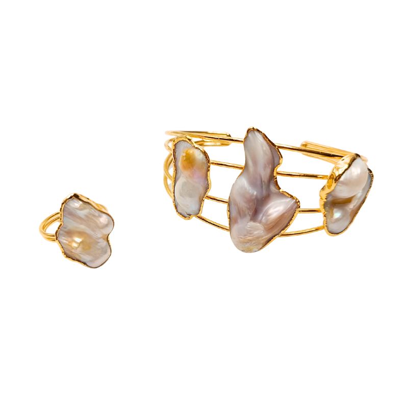 Venezia gold plated jewelry set featuring natural baroque pearl bangle and ring found at iottigleam.