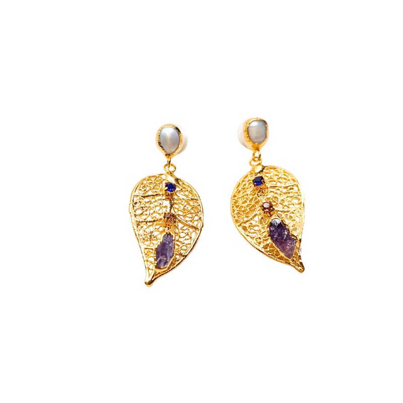 Vicenza gold plated leaf earrings with colored crystals pearl accent and amethyst stone found at iottigleam
