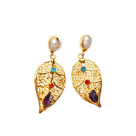 Vicenza gold plated leaf earrings with colored crystals pearl accent and amethyst stone found at iottigleam