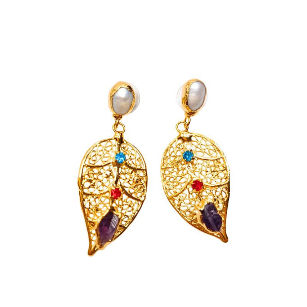 Vicenza gold plated leaf earrings with colored crystals pearl accent and amethyst stone found at iottigleam