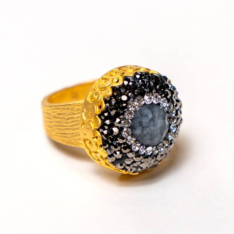 Handcrafted Zorya Grey Quartz II statement ring featuring a deep smoky grey quartz stone on a gold-plated band - Anima Collection by Iottigleam