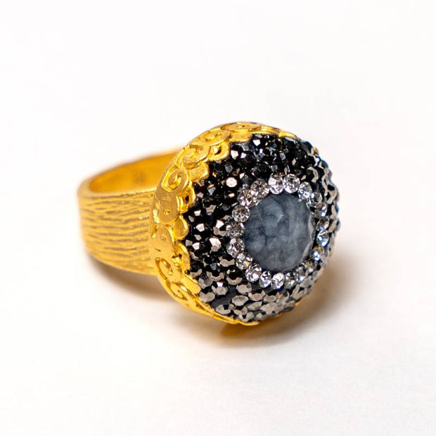 Handcrafted Zorya Grey Quartz II statement ring featuring a deep smoky grey quartz stone on a gold-plated band - Anima Collection by Iottigleam