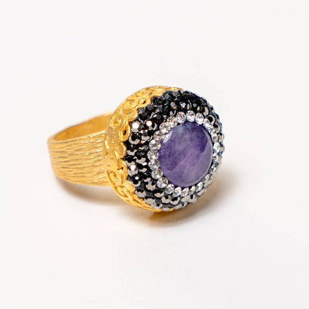Handcrafted Zorya Purple Quartz II ring with a round purple quartz stone on a gold-plated band - Anima Collection by Iottigleam